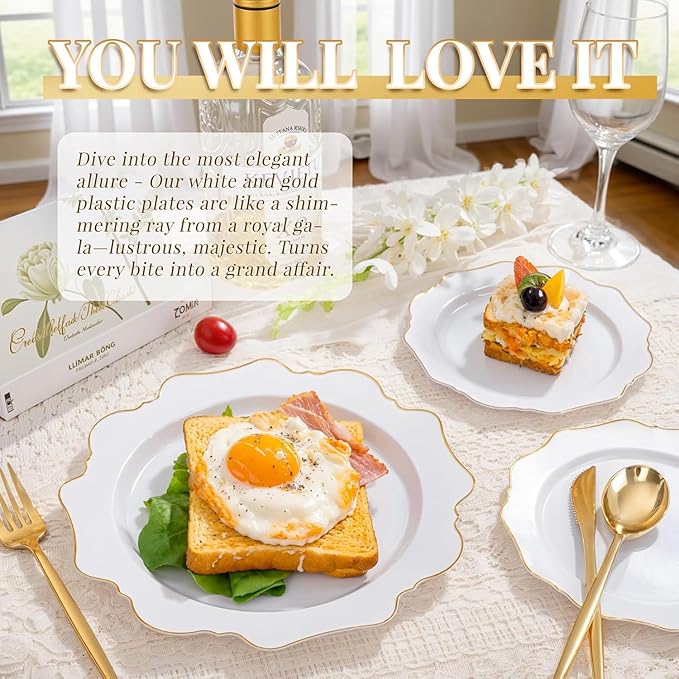 WDF 200PCS White and Gold Plastic Plates - Gold Plastic Plates - Include 100 Dinner & 100 Dessert Disposable Party Plate - Fancy Disposable Plate for Wedding/Baby Shower/Spring