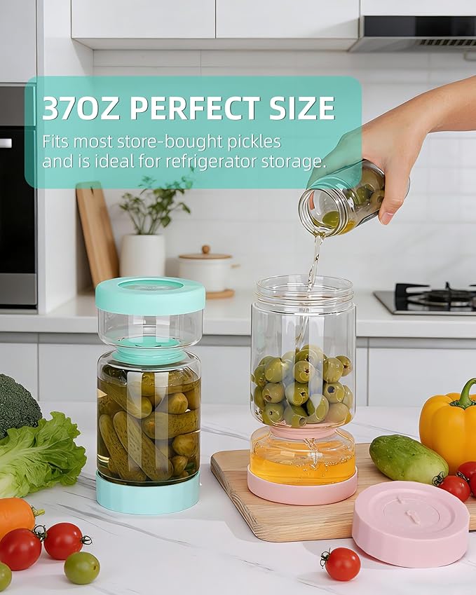 ZENS Pickle Jar with Strainer Flip, 37 oz Hourglass Pickle Juice Separator Container, Airtight Leakproof Lid, Dual Wet-Dry Design, Time Tracker Lid – 2 Pack Olive & Kimchi Jars