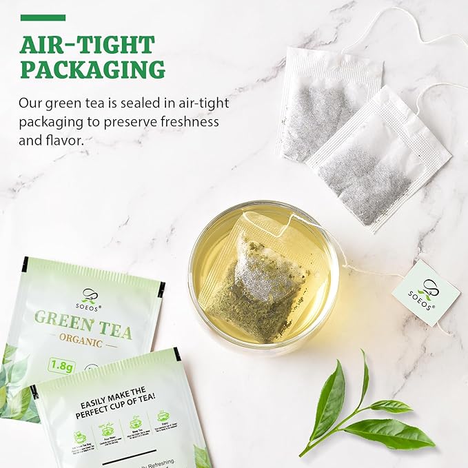 Soeos Organic Green Tea, 100 Tea Bags (Pack of 1), Caffeinated, Fresh and Healthy Green Tea, 6.3 Ounce