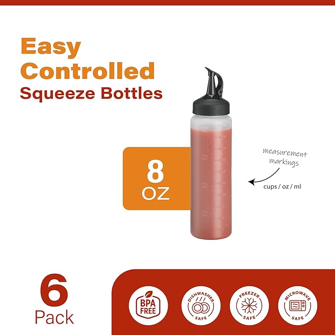 6 Pack Condiment Squeeze Bottles - 8 Oz Squirt Bottles with Leak Proof Snap Cap, Easy Pour Sauce Bottles for Liquids, Ketchup, Oil