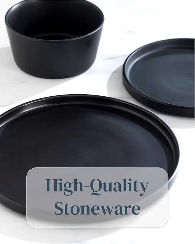 Stoneware Dinner Plates Set - Matte Black, 10.2" Lipped Edges, Dishwasher & Microwave Safe