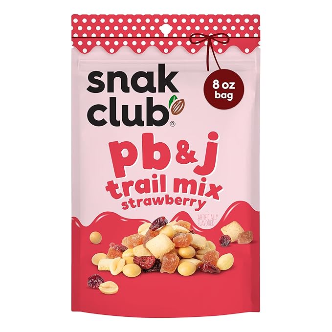 Snak Club PB&J Trail Mix Strawberry, Snack Mix with Peanuts, Mini Shortbread Cookies, Cranberries, Peanut Butter Candies, and Sweetened Dried Strawberries, 8 oz Resealable Bag