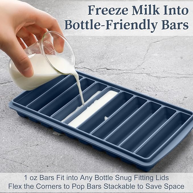 Eaasty 2 Pieces Breastmilk Storage Container Baby Food Milk Silicone Freezer Trays with Lid Breastmilk Freezer Tray Organizer Ice Trays Silicone Storage Bag Tray 10-1 oz Bars(Blue)