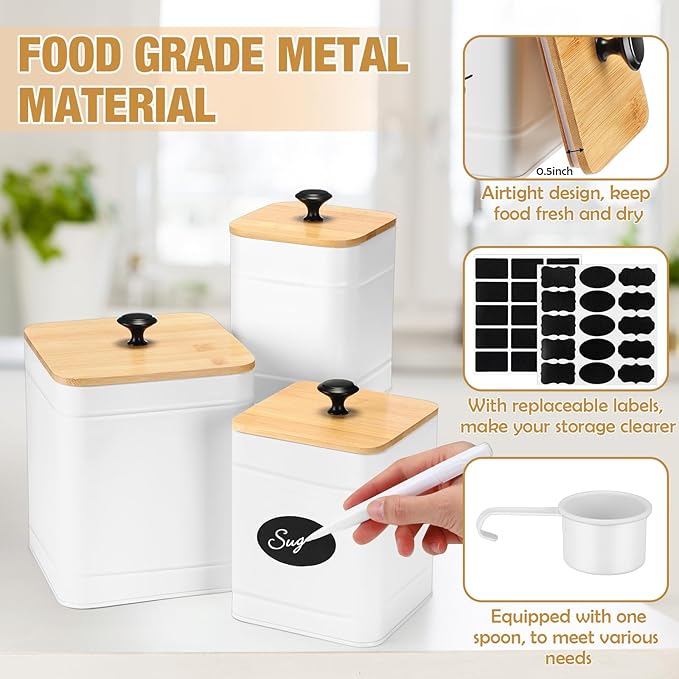 Tioncy Kitchen Canisters for Countertop Set of 3 Metal Canisters Sets with Bamboo Lids Spoon Airtight High Capacity Coffee Tea Sugar Flour Jars with DIY Labels Farmhouse Food Storage(White,XL,L,M)