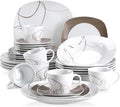 VEWEET 'Nikita' 30-Piece Dinner Set Ivory White Brown Lines Porcelain China Ceramic Combination Sets of Dessert Plates/Soup Plates/Dinner Plates/Cups/Saucers Service for 6