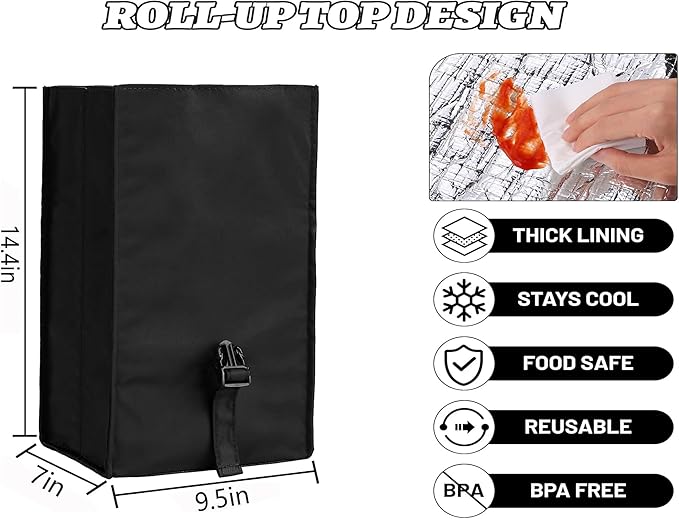 ZM-YOUTOO Insulated Foldable Lunch Bag- Lightweight Portable with Adjustable Shoulder Strap Lunch Box for Men, Women, Office, Work, Picnic, Hiking and Beach (Black(Soft Fabric))
