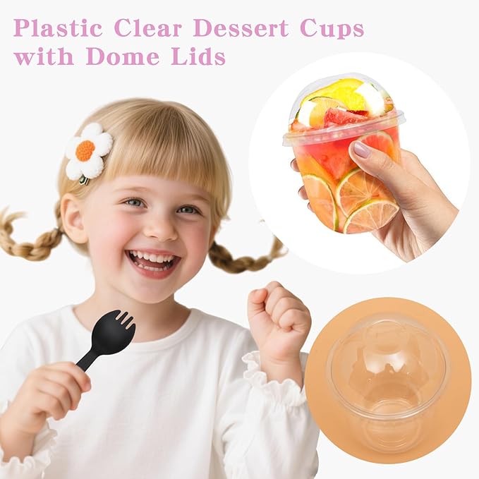 Kosotody 50 Pack 12oz Clear Plastic Parfait Cups with Dome Lids (No Hole) and Sporks Disposable Fruit Cups for Dessert,Yogurt,Pudding,Snacks,Fruits,Bakeries,Ice Cream