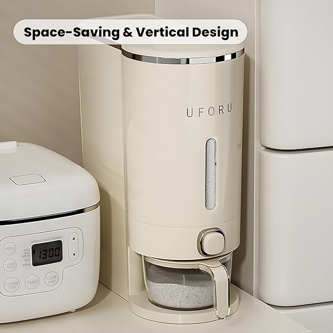 UFORU Rice Dispenser, Rice Storage Container with Measuring Cup for Kitchen Pantry Household, Dry Food Storage Containers Airtight, Sealed Moisture Proof, Cream White 11 Lbs