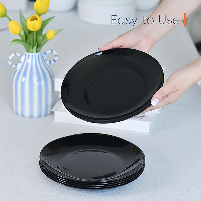 LaGlint 8.5 inch Salad Plate Set of 6, Lightweight Opal Glass Round Black Plates for Appetizer Dessert Kitchen, Dishwasher and Microwave Safe