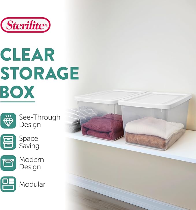 Sterilite 6 Pack Storage Boxes, Clear Plastic Stackable Containers, Lightweight Home Organizers with Snap Lids, 20 Quart, White
