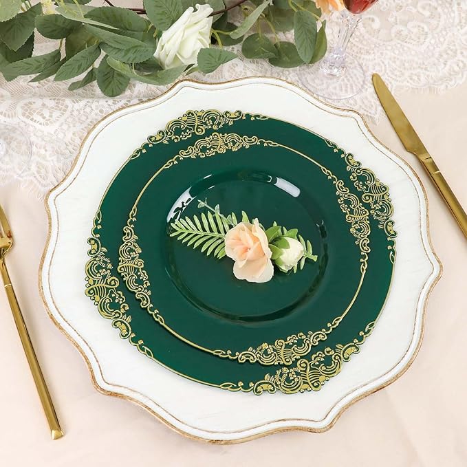 Efavormart 10 Pack | 8" Hunter Emerald Green and Gold Baroque Dessert Plates, Leaf Embossed Metallic Rim Heavy Duty Appetizer Plates for Garden Showers
