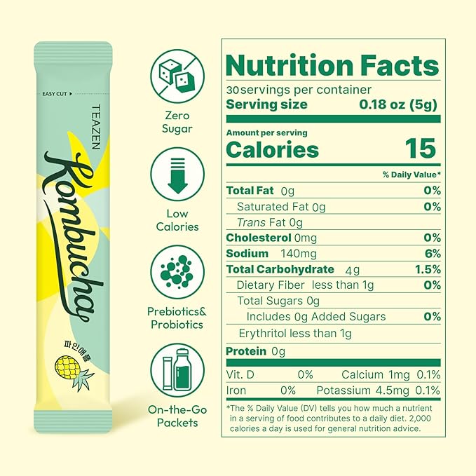 TEAZEN Pineapple Kombucha Powder, Hydration Drink Mix, Sugar Free, Live Probiotics & Prebiotics, On-the-Go 30 Packets, 5.29oz