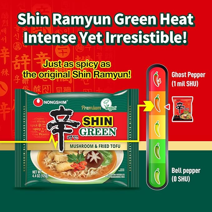 Nongshim Shin Ramyun Green Noodles, Vegan Spicy Korean Instant Ramyun, Mushroom & Fried Tofu Flavor, Bold Veggie Flavored Broth, Quick & Easy, Pantry Essential, Microwaveable, 4.4 oz (Pack of 4)