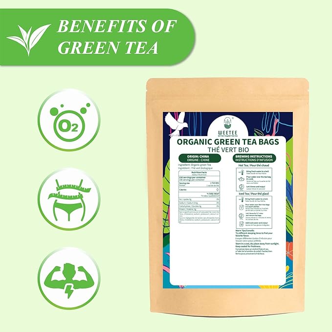 WT WEETEE Organic Green Tea Bags, Organic Pure Green Tea 100 Count, Super Antioxidant | Resealable Kraft Bag | Brew Hot or Iced