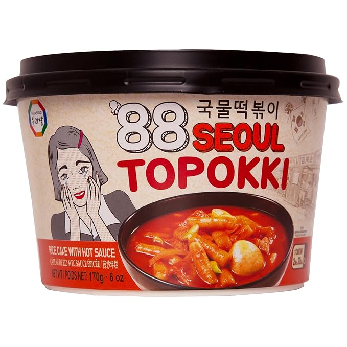 Surasang Korean Tteokbokki Cup - Korean Street Food, Classic Sweet & Spicy Sauce, Instant 2-Minute Microwave Meal, Traditional Tteokbokki Rice Cakes, 6 oz – Pack of 6