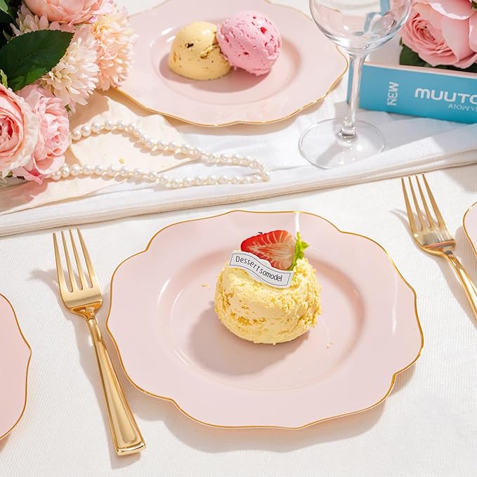 bUCLA 48Pieces Pink Plastic Dessert Plates - 7.5inch Premium Hard Pink with Gold Rim Small Cake/Salad/Appetizer Plates Disposable for Wedding, Party, Shower & Easter