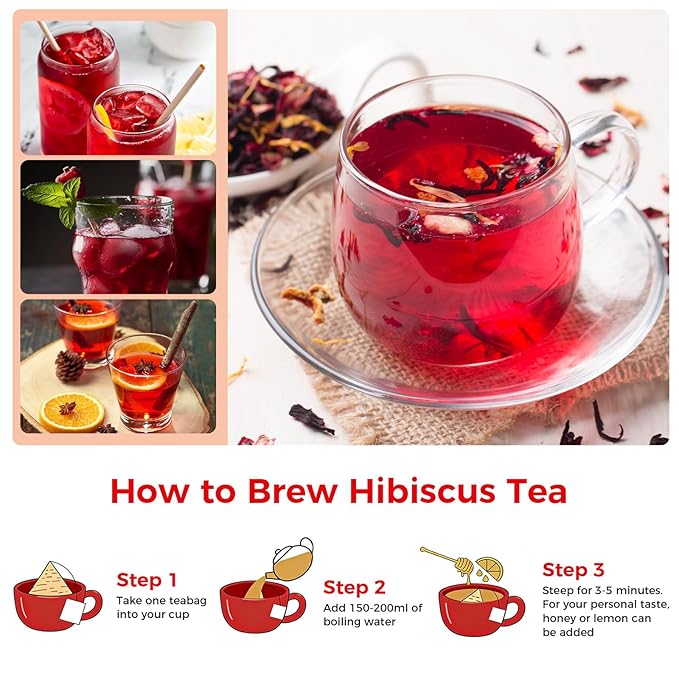50 Bags Premium Natural Hibiscus Tea, 100% Pure Organic Hibiscus Flowers Herbal Tea, Caffeine-Free, Rich in Natural Goodness and Flavor, No Sugar, Gluten-Free, Vegan