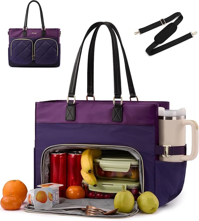 LOVEVOOK Lunch Tote Bag for Women, 2-in-1 Work Bag with Insulated Lunch Compartment, 15.6 Inch Large Capacity Laptop Tote with Cup Holder for Teacher, Nurse, Office, Outdoors, Purple