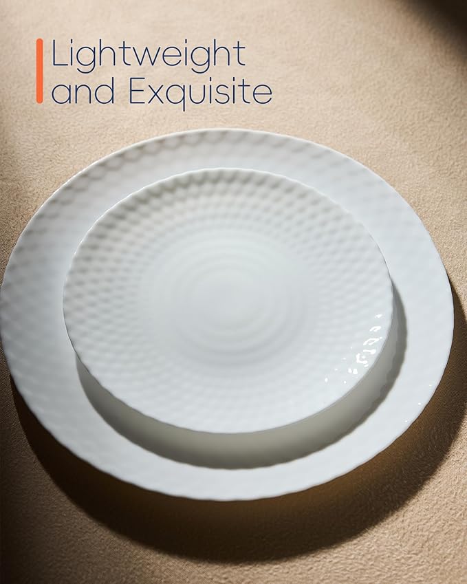 LaGlint 10.5 inch Dinner Plate Set of 6, Round Opal Glass Geometric Faceted White Dinnerware Plates, Dishwasher and Microwave Safe