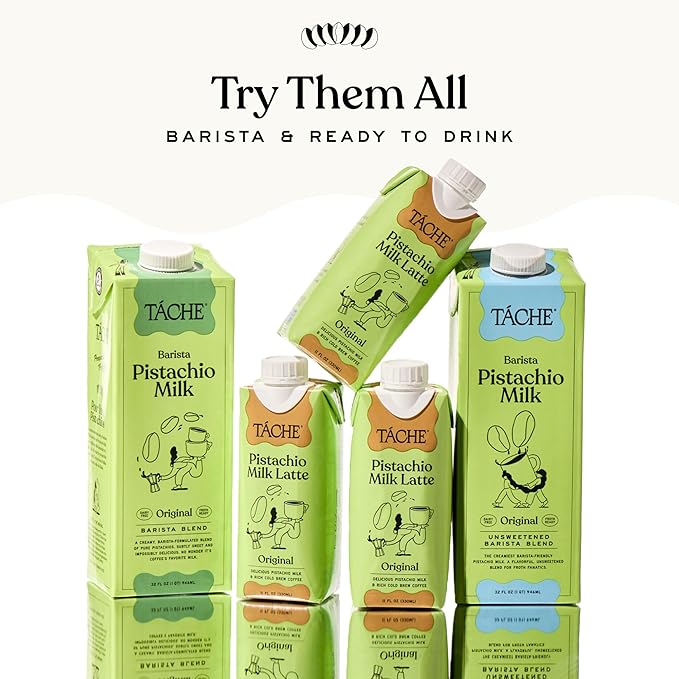Táche Unsweetened Barista Pistachio Milk, Plant-Based Pistachio Creamer for Coffee and Lattes, Frothy, Vegan Pistachio Cream with No Added Oil, Dairy-Free Milk Alternative, (32oz, 6-Pack)