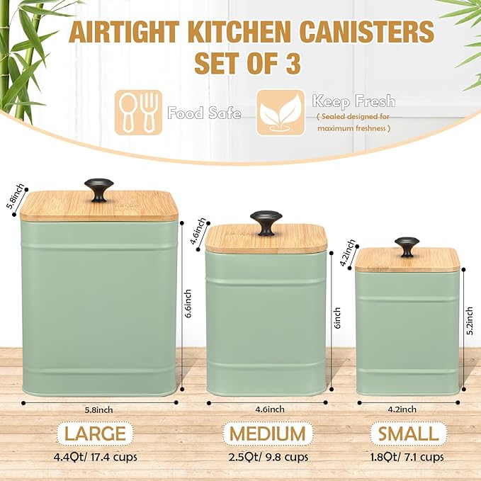 Tioncy Kitchen Canisters for Countertop Set of 3 Metal Canisters Sets with Bamboo Lids Spoon Airtight High Capacity Coffee Tea Sugar Flour Jars with DIY Labels Farmhouse Food Storage(Green,L,M,S)