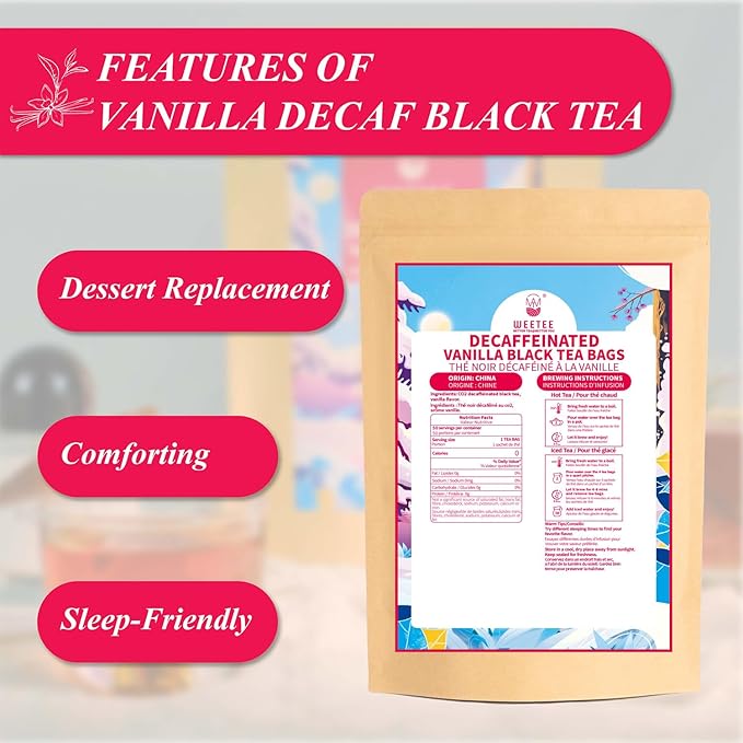 WT WEETEE Decaf Black Tea with Vanilla Flavor, 50 Count Decaffeinated Vanilla Black Teabags, CO2-Decaffeinated Black Tea | Drink All Day | Resealable Kraft Bag
