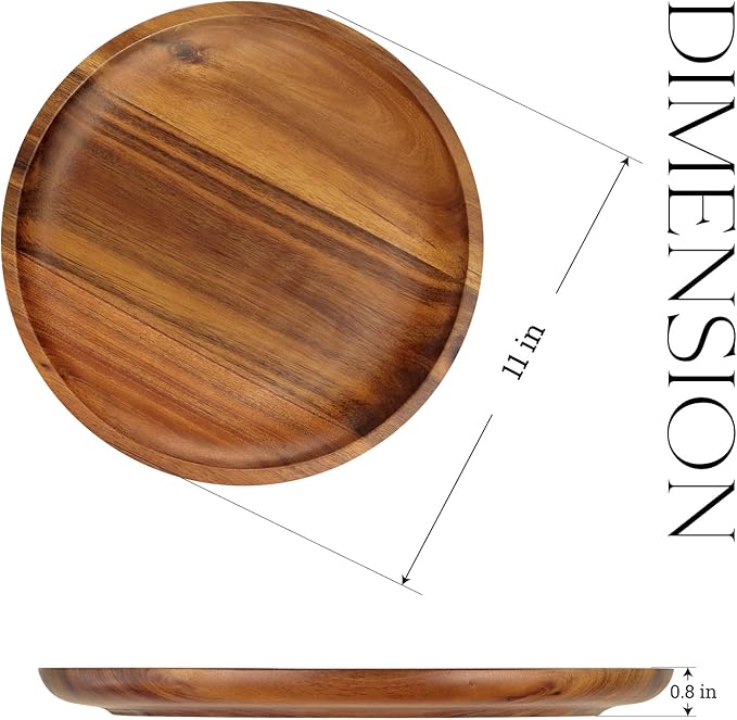 FANICHI Wooden plates (set of 4-11inch) Dinner Plates, Acacia Round Wood Plates, Unbreakable Classic Plates, Easy Cleaning & Lightweight for Dishes Snack, Dessert, Housewarming, Christmas Gift