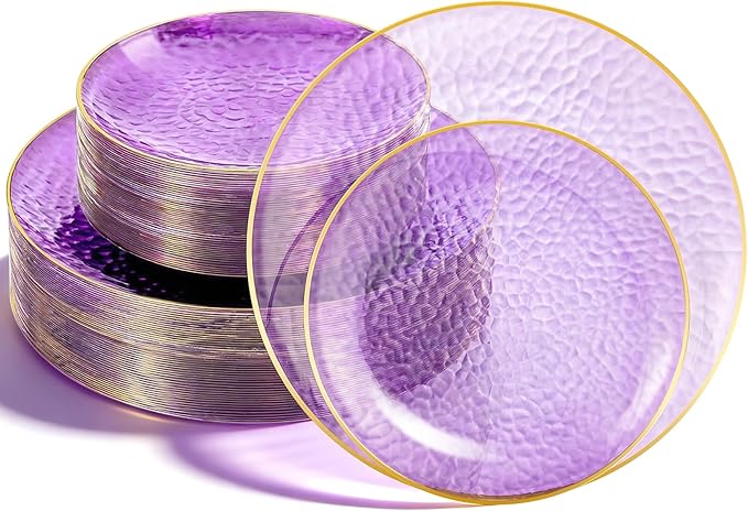 Lullaby 100pcs Purple Plastic Plates with Gold Rim, Include 50pcs Dinner Plate 10'' and 50pcs Heavy Duty Dessert Plate 7'', Plastic Disposable Plates for Parties, Birthdays and Wedding