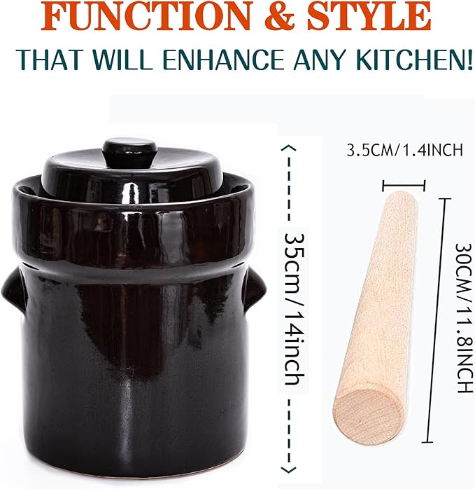 Fermentation Crock Jar 5 Liter / 1.3 Gallon - Stoneware Pot for Fermenting, Pickling Kimchi, Pickles, Vegetables, Kombucha - Glazed Fermenter with Stone Weights, Lid & Pickle Tamper