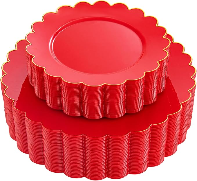 LIYH 60 Pcs Red Plastic Plates Disposable with Gold Edge Scalloped Red Gold Disposable Plates Includes 30 Dessert & 30 Dinner Plate Dishes Tableware for Party Memorial Day,Independence Day