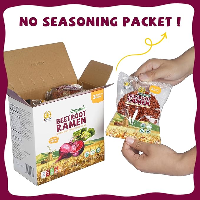 SUNGIVEN Organic Ramen Noodles Beetroot Healthy Low Sodium Ready in 3 Minutes Non-Fried Instant No Additives or Preservatives 2.47 OZ (Pack of 10)