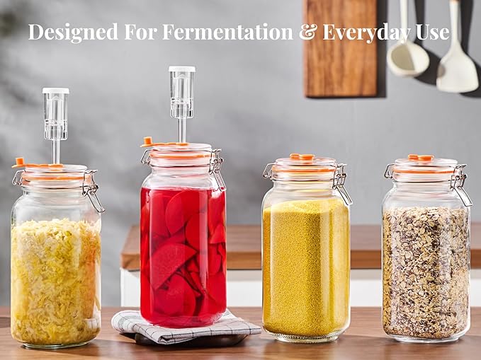 2L Wide Mouth Fermentation Jars, Pack of 2 Complete Fermenting Kit with Airlocks & Glass Weights for Sauerkraut, Kimchi & Pickles