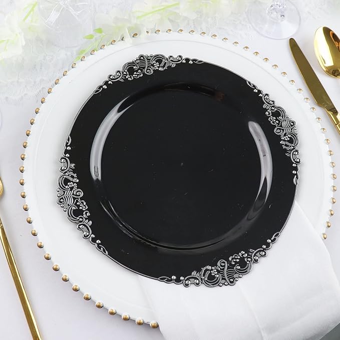 Efavormart 10 Pack | 10" Black and Silver Baroque Dinner Plates, Leaf Embossed Metallic Rim Heavy Duty Serving Plates for Corporate Events and Galas
