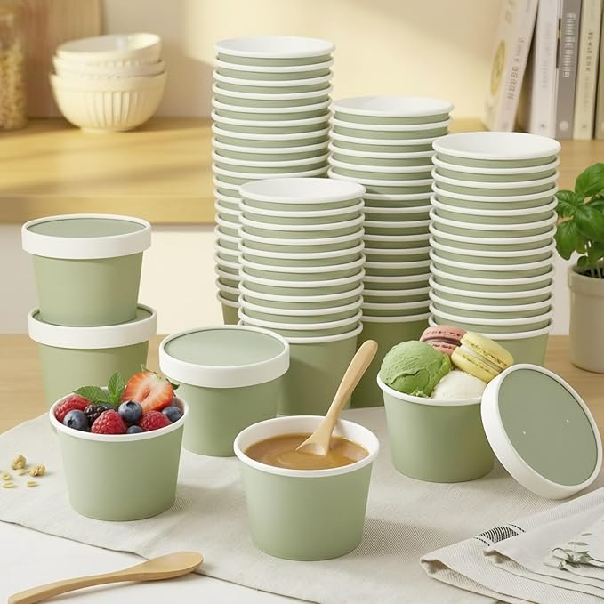 Fulmoon 100 Pack Paper Soup Containers with Lids Disposable Paper Food Containers with Vented Lid Kraft Ice Cream Cake Dessert Cups Soup Bowl for Party Hot Food Fruit Microwave(8 oz,Olive Green)