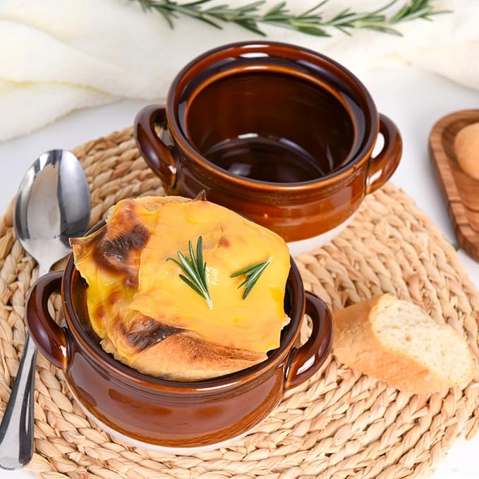 Vumdua French Onion Soup Bowls with Handles, 28 oz Ceramic Soup Crocks Oven Proof Soup Bowls for Chilli, Cereal, Pot Pies - French Onion Soup Crocks, Oven, Broil & Dishwasher Safe, Set of 4