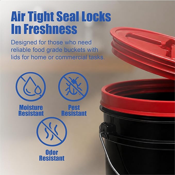 ePackageSupply 5 Gallon Bucket - Food Grade Bucket with Airtight Gamma Seal Screw-On Lid, BPA-Free, Heavy-Duty 90 Mil HDPE Plastic, Bulk Storage, Durable Container, Made in USA, Black/Red, 6 Packs