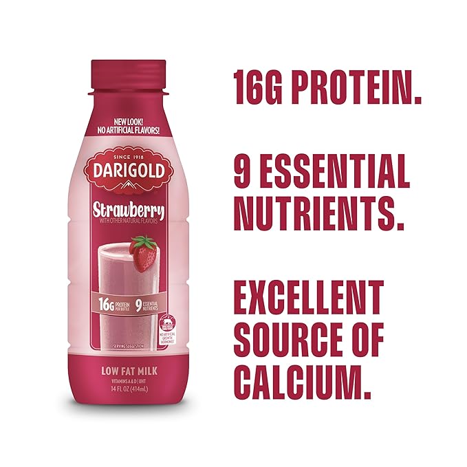 Darigold 1 Percent Milk, Reduced Fat Shelf Stable Milk with 9 Essential Nutrients, 16g Protein, rsBT Free - 14oz, 12 Pack (Strawberry)
