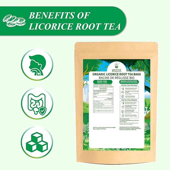 WT WEETEE Organic Licorice Root Tea Bags, Organic Pure Licorice Root Herbal Tea 100 Count, Naturally Caffeine-free