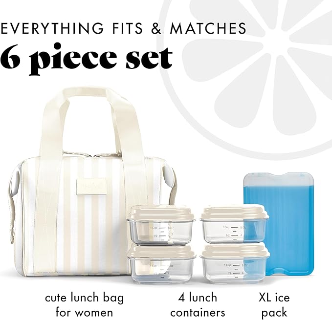 Fit & Fresh Remi Lunch Bag for Women Work – Neoprene Lunch Tote with Containers & Ice Pack, Reusable Meal Prep Lunch Box, Large Capacity, Machine Washable, Ivory Stripe