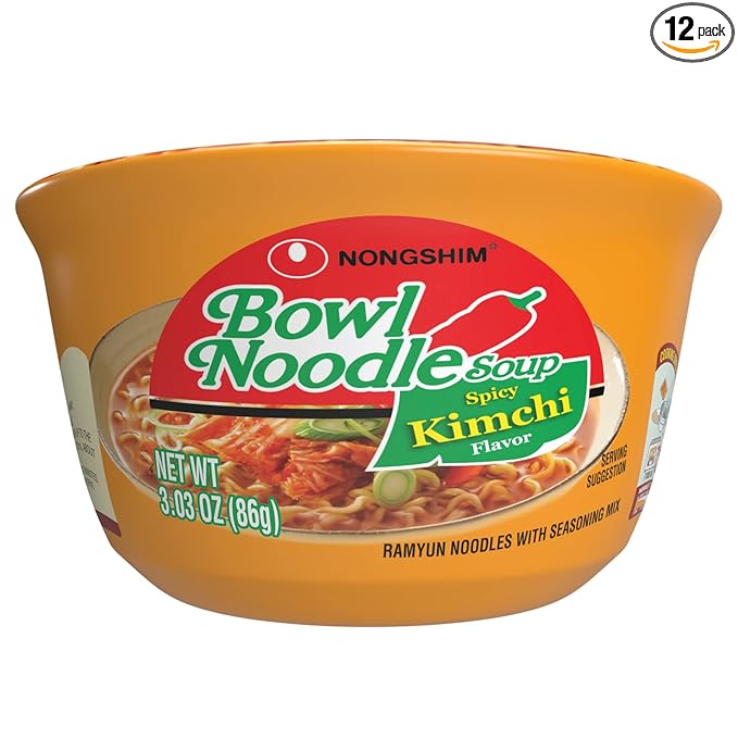 Nongshim Ramen Noodles, Gourmet Instant Ramen bowl, Premium Microwavable Noodle Soup, Kimchi, 3.03 Ounce (Pack of 12)