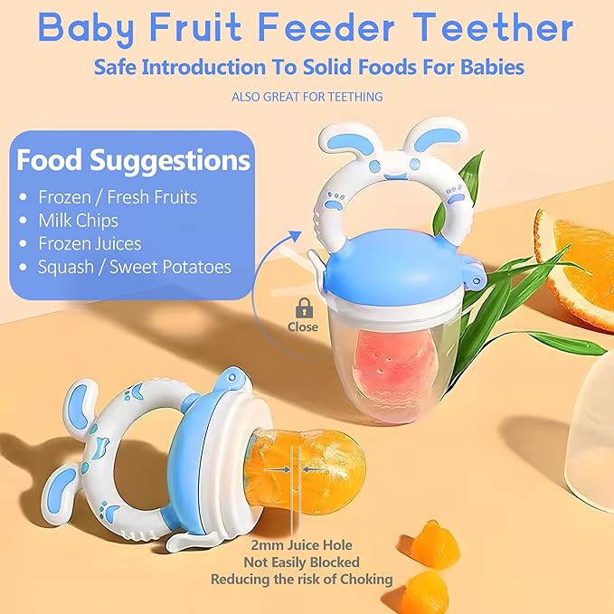 Baby Fruit Feeder Pacifier- 3 Pack | Infant Food Feeder Pacifier & Baby Food Dispensing Spoon | Mesh Fresh Fruit Teethers for Babies | Shower Gifts for Boys and Girls (Sky Blue)