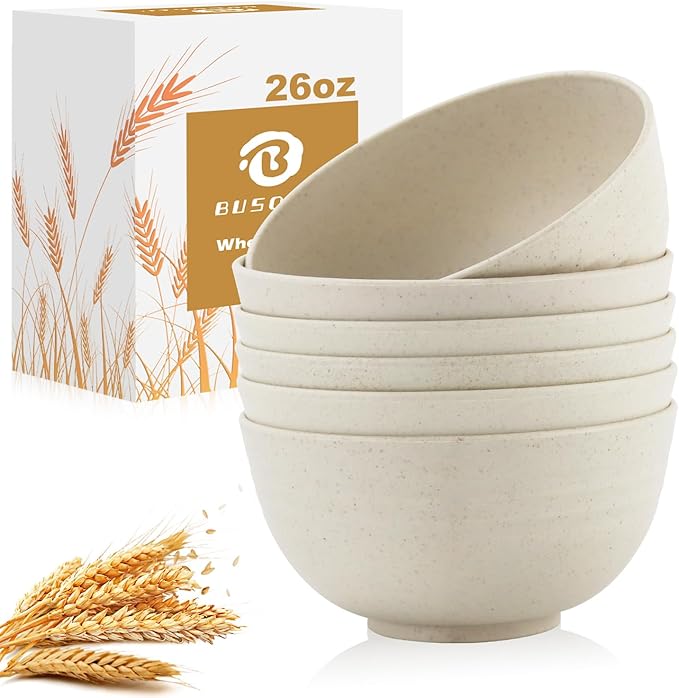 Soup Bowls 26oz, Wheat Straw Bowls Set of 6, Unbreakable Cereal & Popcorn Bowls, Microwave & Dishwasher Safe Prep Bowl for Outdoor, Picnic, Hiking, Beach - Beige
