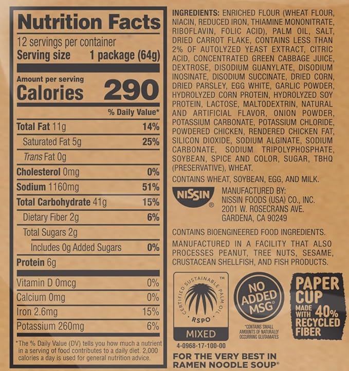 Nissin Cup Noodles Ramen Noodle Soup, Chicken, Microwaveable Paper Cup, 2.25 Ounce (Pack of 12)