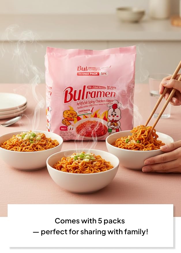 Korean Food Bulramen Stir-Fried Ramen Mild Spicy Carbonara, Artificial Spicy Chicken Flavor, 5 Packs (4.76 oz Each), Korean Instant Noodles