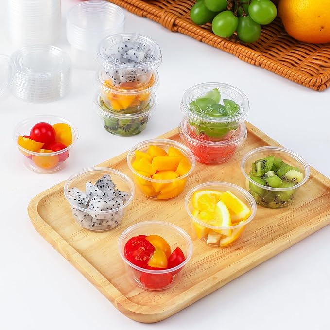 AOZITA 60 Sets - 2 oz Jello Shot Cups, Portion Cups With Lids, Small Plastic Containers with Lids, Airtight and Stackable Souffle Cups