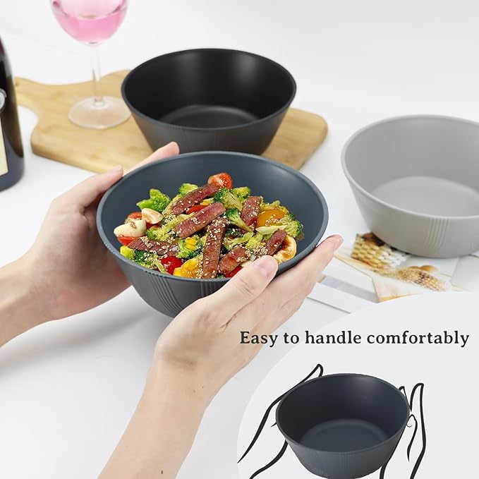 PYRMONT Large Salad Bowl 36 OZ Wheat Straw Bowls Set of 8 Alternative Plastic Bowls Dishwasher & Microwave Safe Large Serving Bowl for Party Unbreakable Soup Bowls for Camping Kitchen Bowls-Grey Stone