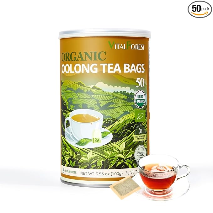 Organic Oolong Tea Bags, 50 Count, Unbleached, ECO-Conscious Chinese Oolong Tea, VitalForest High Mountain Tea Tie Guan Yin, Non-GMO, Container Pack for Gift Set