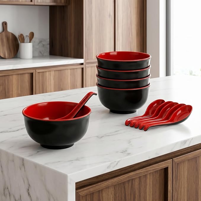 Lyellfe Set of 10 Miso Soup Bowl with Spoon, Restaurant Quality Melamine Cereal Rice Bowl, 16 Oz Unbreakable Japanese Dinnerware for Ramen, Udon Noodle, Dishwasher Safe