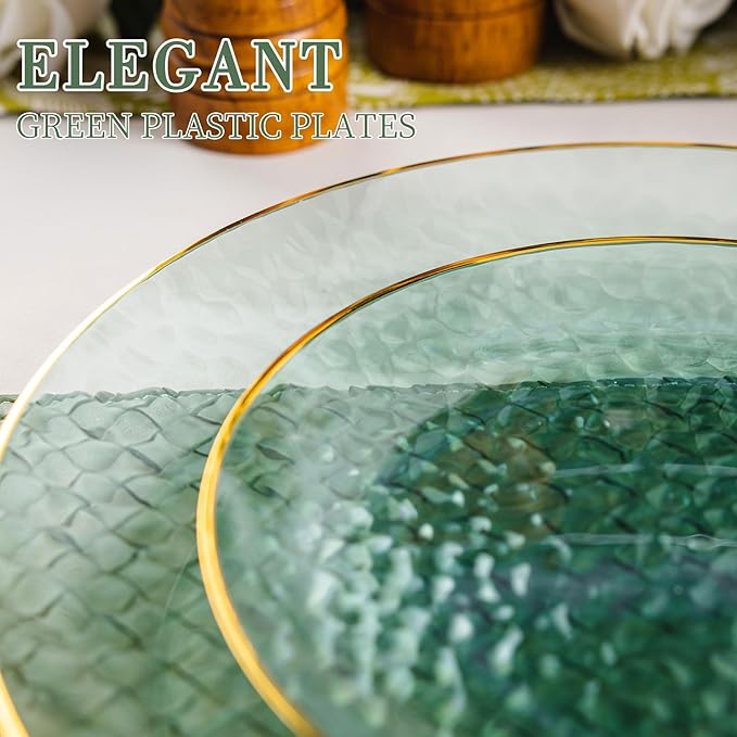 Lullaby 60pcs Green Plastic Plates with Gold Rim, Includes 30pcs Dinner Plate 10'' and 30pcs Clear Dessert Plate 7'', Green Disposable Plastic Plates for Parties, Birthdays and Wedding