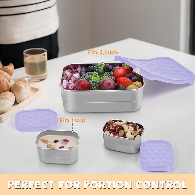 Tanjiae Small Stainless Steel Lunch Containers for Kids | Leak Proof BPA Free Snack Containers with 100% Pure Silicone Lids - Perfect Metal Lunch Box with Lids for School and Daycare (25oz+8oz*2)